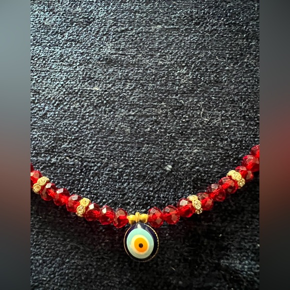 Turkish gold and red beaded anklet with eye charm - Picture 2 of 4